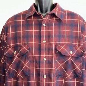 David Brook maroon/navy blue plaid flannel shacket with knit waffle weave lining